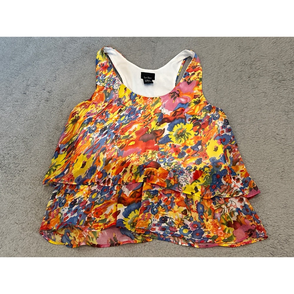Lucie Rose Floral Tiered Tank Top Multi-Color Ruffle Chiffon Blouse L T3090